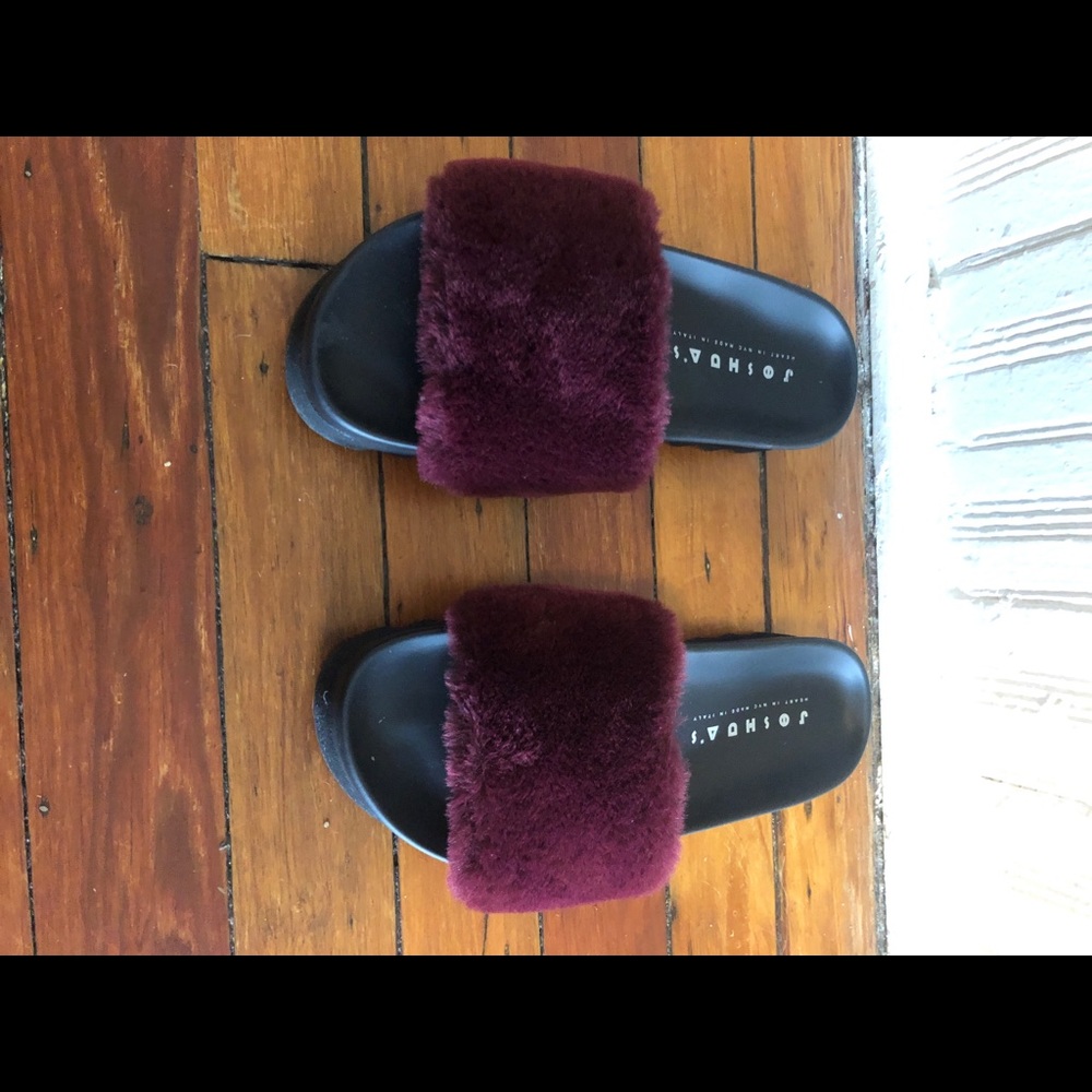 Joshua Sanders Faux Fur Slides - Burgundy